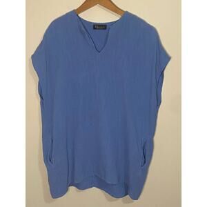 KLD Signature Top Women's Large Blue Flowy USA Gauzy Oversize Tunic Lagenlook
